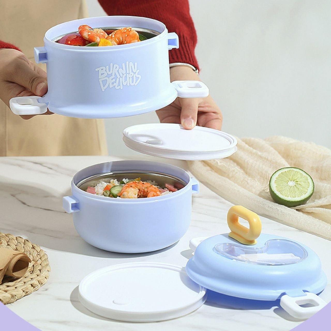Stainless Steel Lunch Box with Foldable Spoon | 2 layer | Double wall Insulations | Portable & Leakproof | 1360 ML | Assorted Colors | Box Packing - Image 8