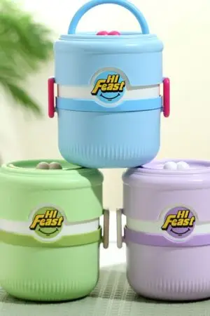 Seallock pastel purple dual tier thermal container showing multi-layer meal compartments and built-in spoon for wholesale stainless steel lunch boxes supply.