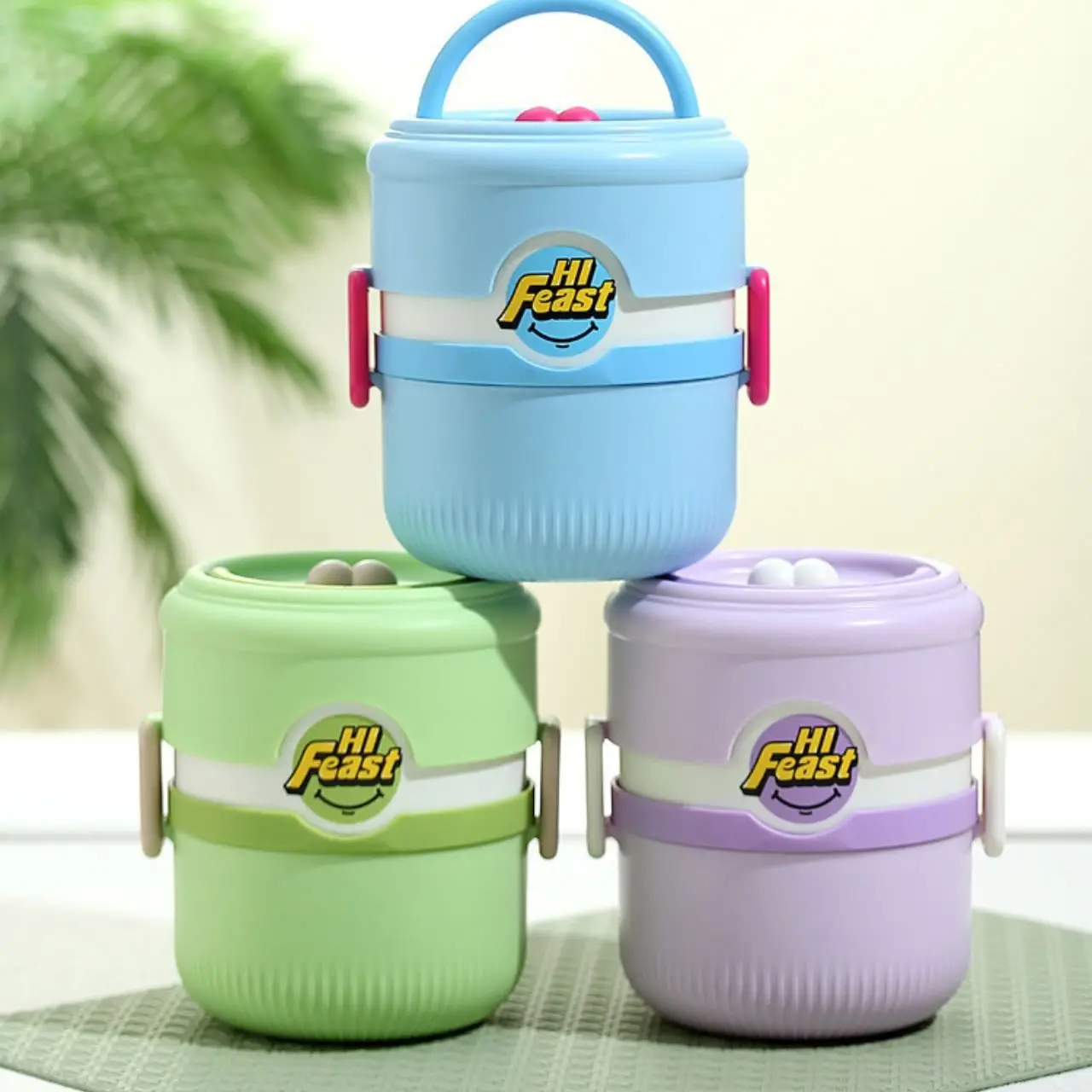 Seallock pastel purple dual tier thermal container showing multi-layer meal compartments and built-in spoon for wholesale stainless steel lunch boxes supply.