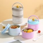 Stainless Steel Lunch Box with Foldable Spoon & Handle | 2 Layer | Double Wall Insulation | Round Portable | Leakproof | 1620 ML | Assorted Colors | Box Packing