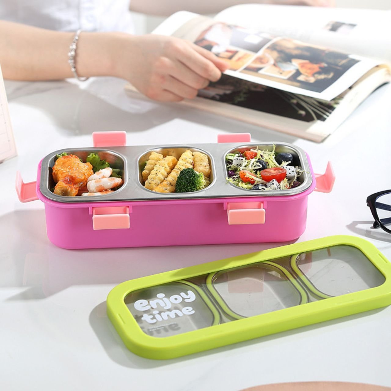 Stainless Steel Bento Lunch Box with Cutlery | 3 Compartment | Portable & Leakproof | Insulated | 500 ML | Assorted Colors | Box Packing - Image 4