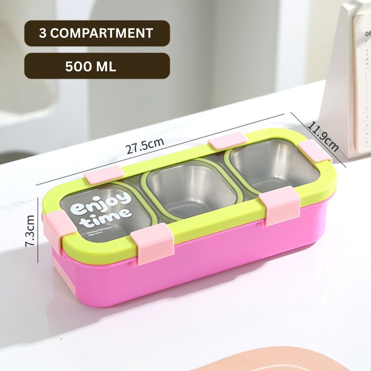Stainless Steel Bento Lunch Box with Cutlery | 3 Compartment | Portable & Leakproof | Insulated | 500 ML | Assorted Colors | Box Packing - Image 3