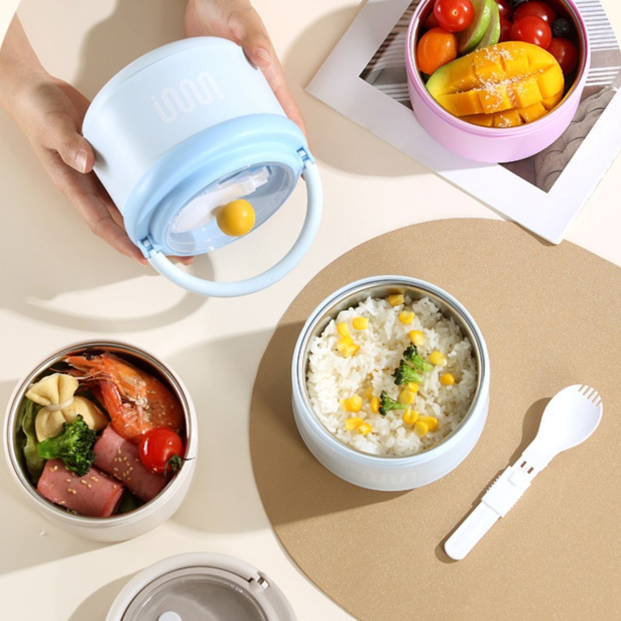 Stainless Steel Lunch Box with Foldable Spoon & Handle | 2 Layer | Double Wall Insulation | Round Portable | Leakproof | 1620 ML | Assorted Colors | Box Packing - Image 2