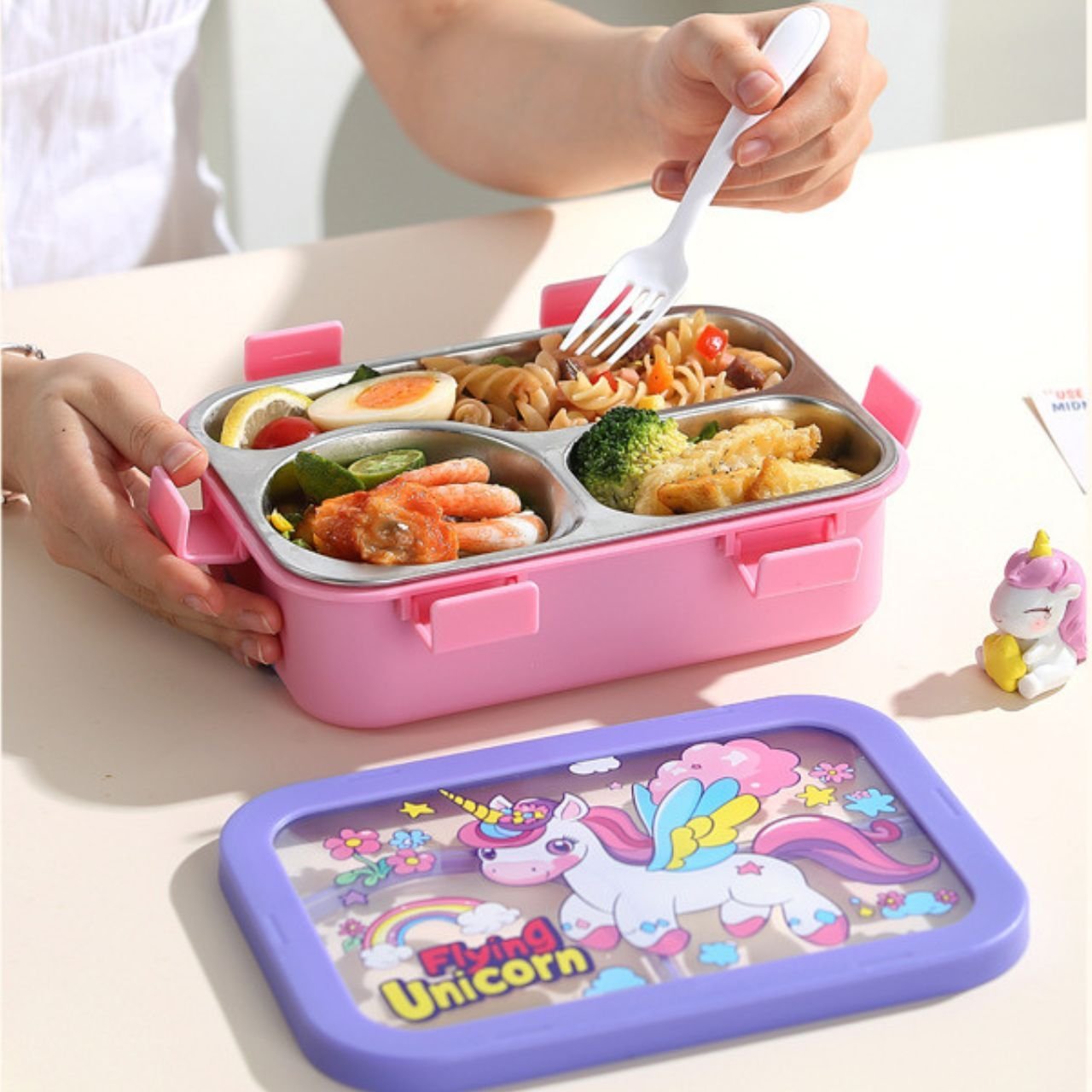 Stainless Steel Cartoon Printed Lunch Box with Cutlery | 2+Round Compartment | Portable & Leakproof | Insulated | 650 ML | Assorted Prints | Box Packing - Image 2