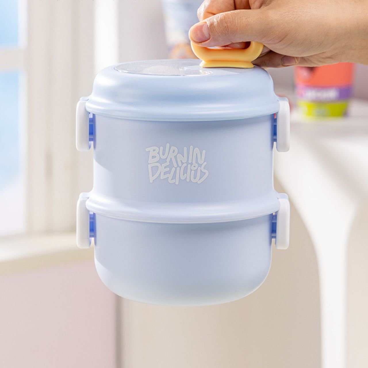 Stainless Steel Lunch Box with Foldable Spoon | 2 layer | Double wall Insulations | Portable & Leakproof | 1360 ML | Assorted Colors | Box Packing - Image 2