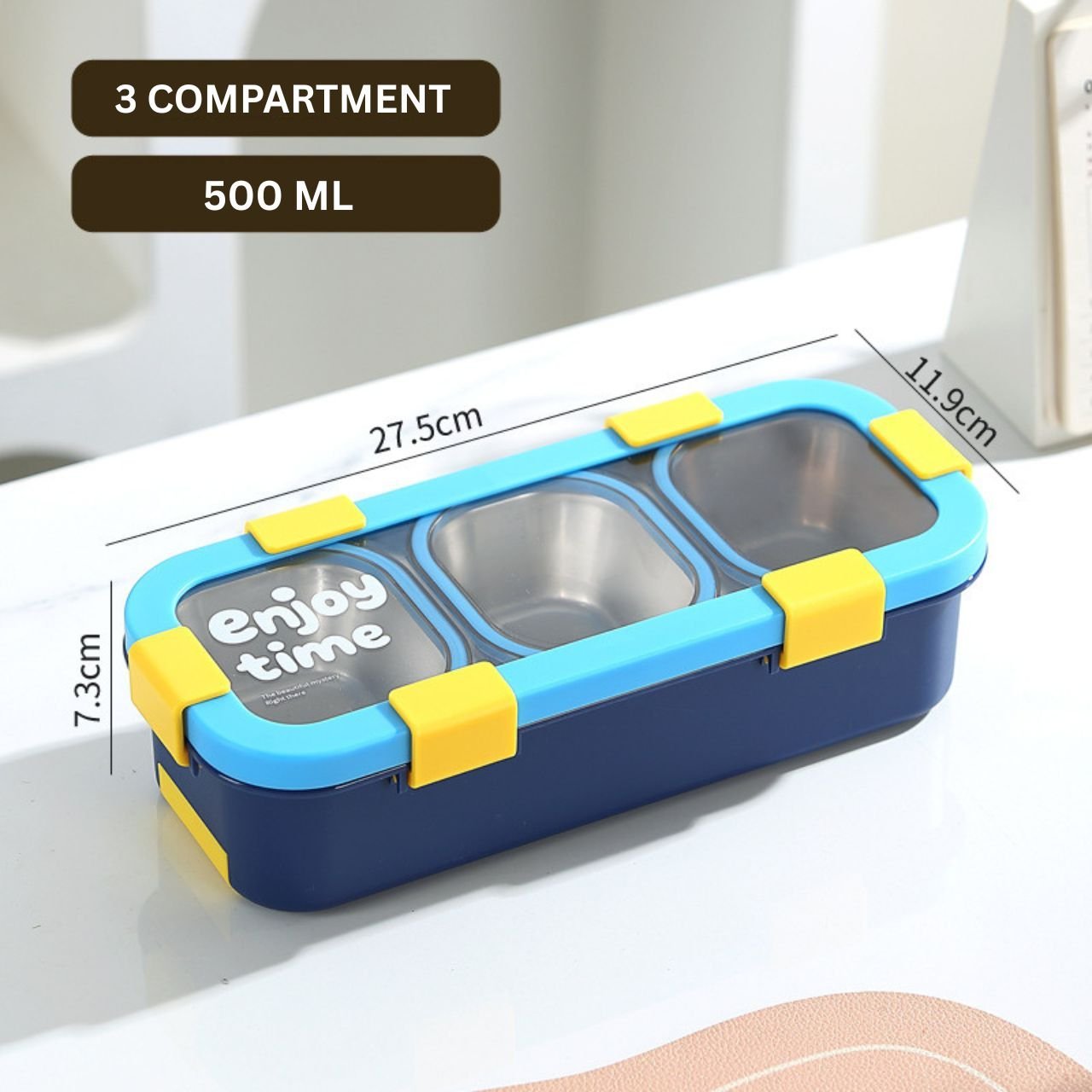 Stainless Steel Bento Lunch Box with Cutlery | 3 Compartment | Portable & Leakproof | Insulated | 500 ML | Assorted Colors | Box Packing