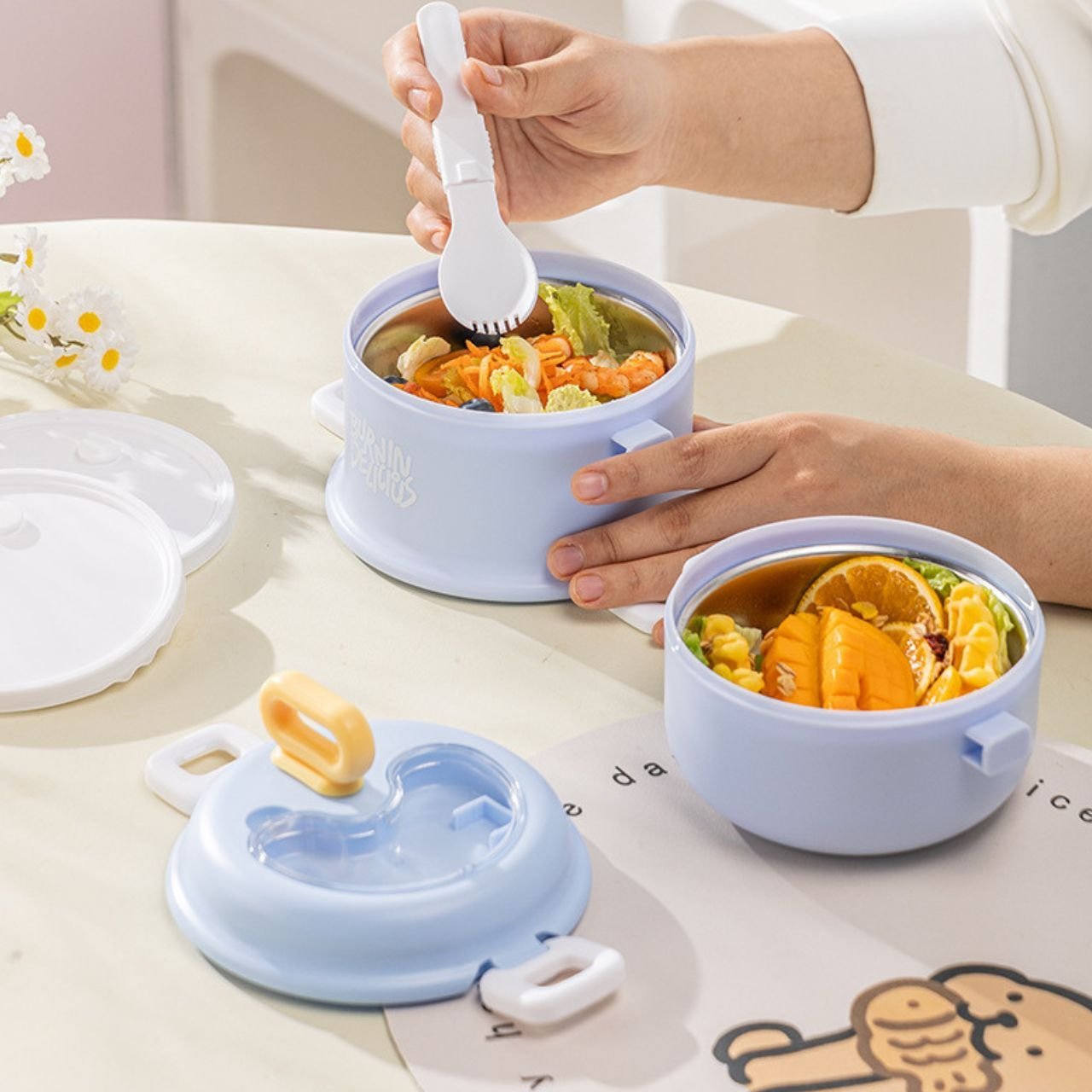 Stainless Steel Lunch Box with Foldable Spoon | 2 layer | Double wall Insulations | Portable & Leakproof | 1360 ML | Assorted Colors | Box Packing - Image 11