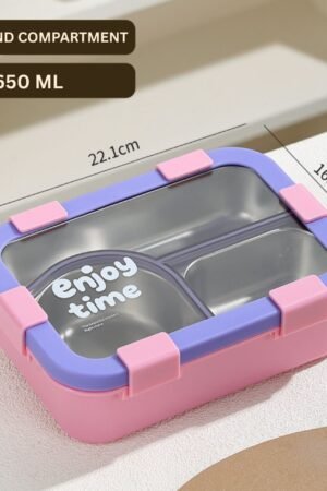 Stainless Steel Lunch Box with Cutlery | 2+Round Compartment | Portable & Leakproof | Insulated | 650 ML | Assorted Colors | Box Packing