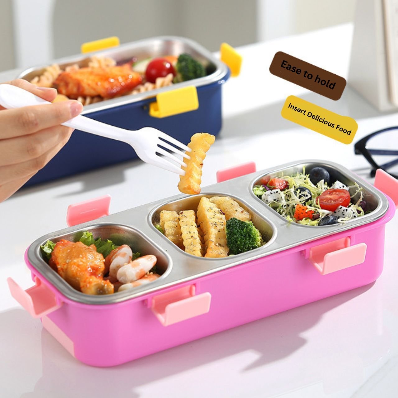 Stainless Steel Bento Lunch Box with Cutlery | 3 Compartment | Portable & Leakproof | Insulated | 500 ML | Assorted Colors | Box Packing - Image 5