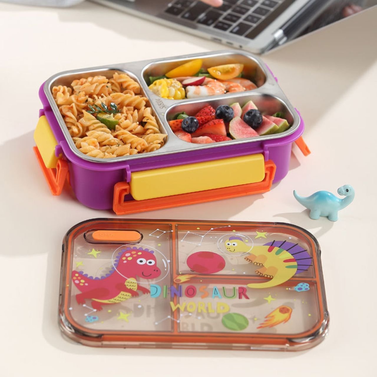 Stainless Steel Lunch Box with Cutlery Set | Cartoon Printed | Portable & Leakproof | Insulated | 3 Compartment | 700 ML | Assorted Prints | Box Packing - Image 4