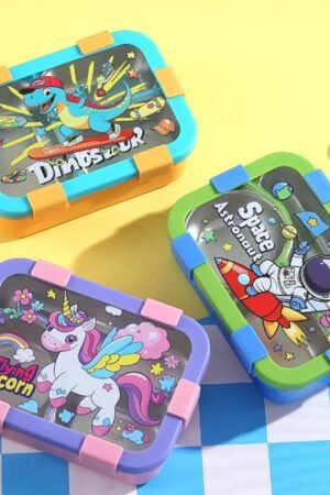 Stainless Steel Cartoon Printed Lunch Box with Cutlery | 2+Round Compartment | Portable & Leakproof | Insulated | 650 ML | Assorted Prints | Box Packing