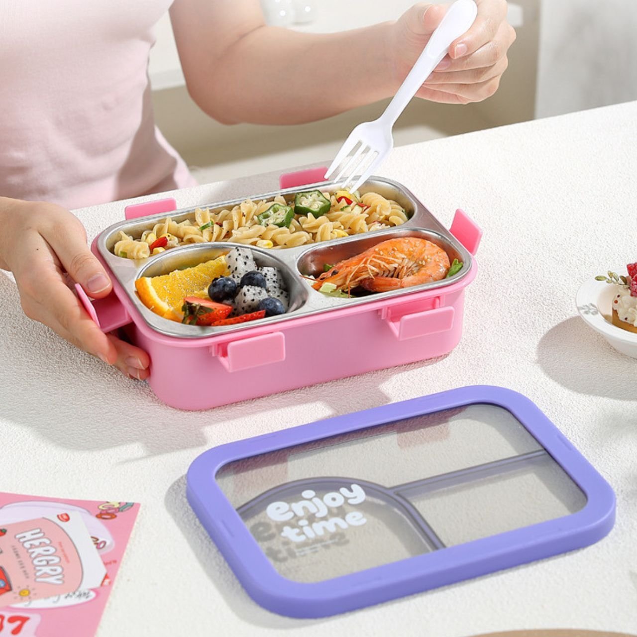 Stainless Steel Lunch Box with Cutlery | 2+Round Compartment | Portable & Leakproof | Insulated | 650 ML | Assorted Colors | Box Packing - Image 4