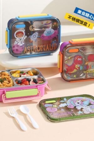 Stainless Steel Lunch Box with Cutlery Set | Cartoon Printed | Portable & Leakproof | Insulated | 3 Compartment | 700 ML | Assorted Prints | Box Packing