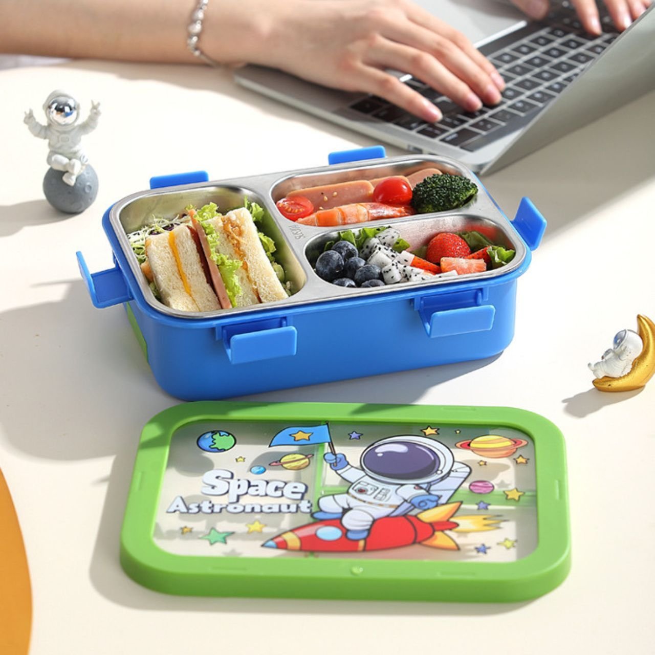 Stainless Steel Cartoon Printed Lunch Box with Cutlery | Portable & Leakproof | Insulated | 3 Compartment | 700 ML | Assorted Prints | Box Packing - Image 2