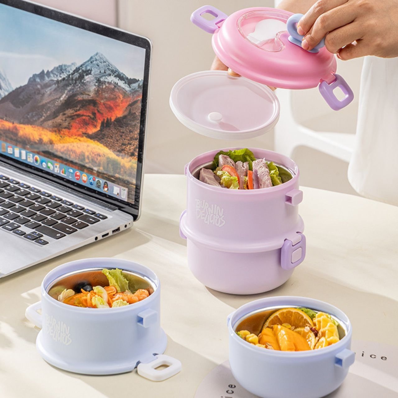 Stainless Steel Lunch Box with Foldable Spoon | 2 layer | Double wall Insulations | Portable & Leakproof | 1360 ML | Assorted Colors | Box Packing - Image 10