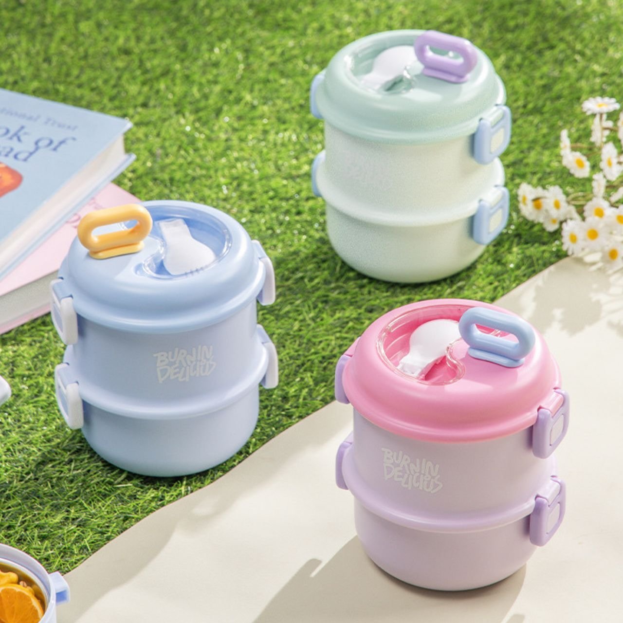 Stainless Steel Lunch Box with Foldable Spoon | 2 layer | Double wall Insulations | Portable & Leakproof | 1360 ML | Assorted Colors | Box Packing - Image 3