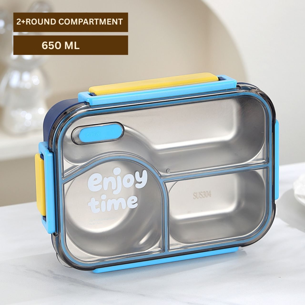 Stainless Steel Lunch Box with Cutlery | 2+Round Compartment | Portable & Leakproof | Insulated | 650 ML | Assorted Colors | Box Packing - Image 3