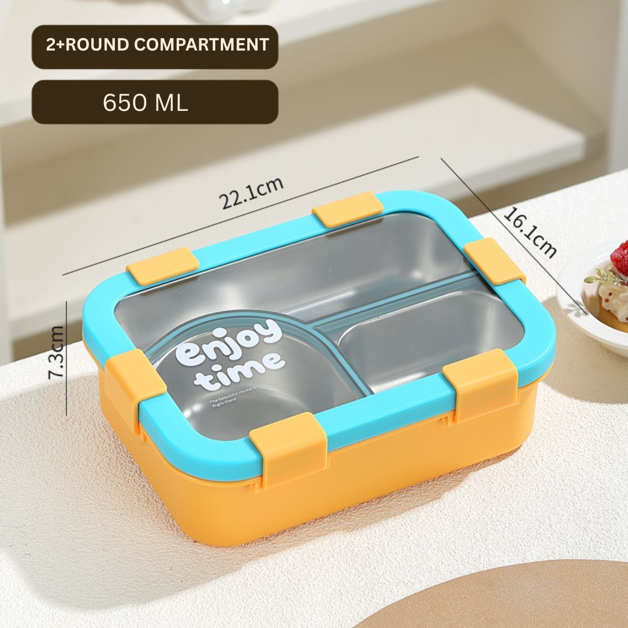 Stainless Steel Lunch Box with Cutlery | 2+Round Compartment | Portable & Leakproof | Insulated | 650 ML | Assorted Colors | Box Packing - Image 2