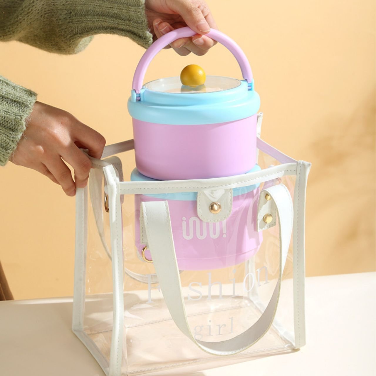 Stainless Steel Lunch Box with Foldable Spoon & Handle | 2 Layer | Double Wall Insulation | Round Portable | Leakproof | 1620 ML | Assorted Colors | Box Packing - Image 6
