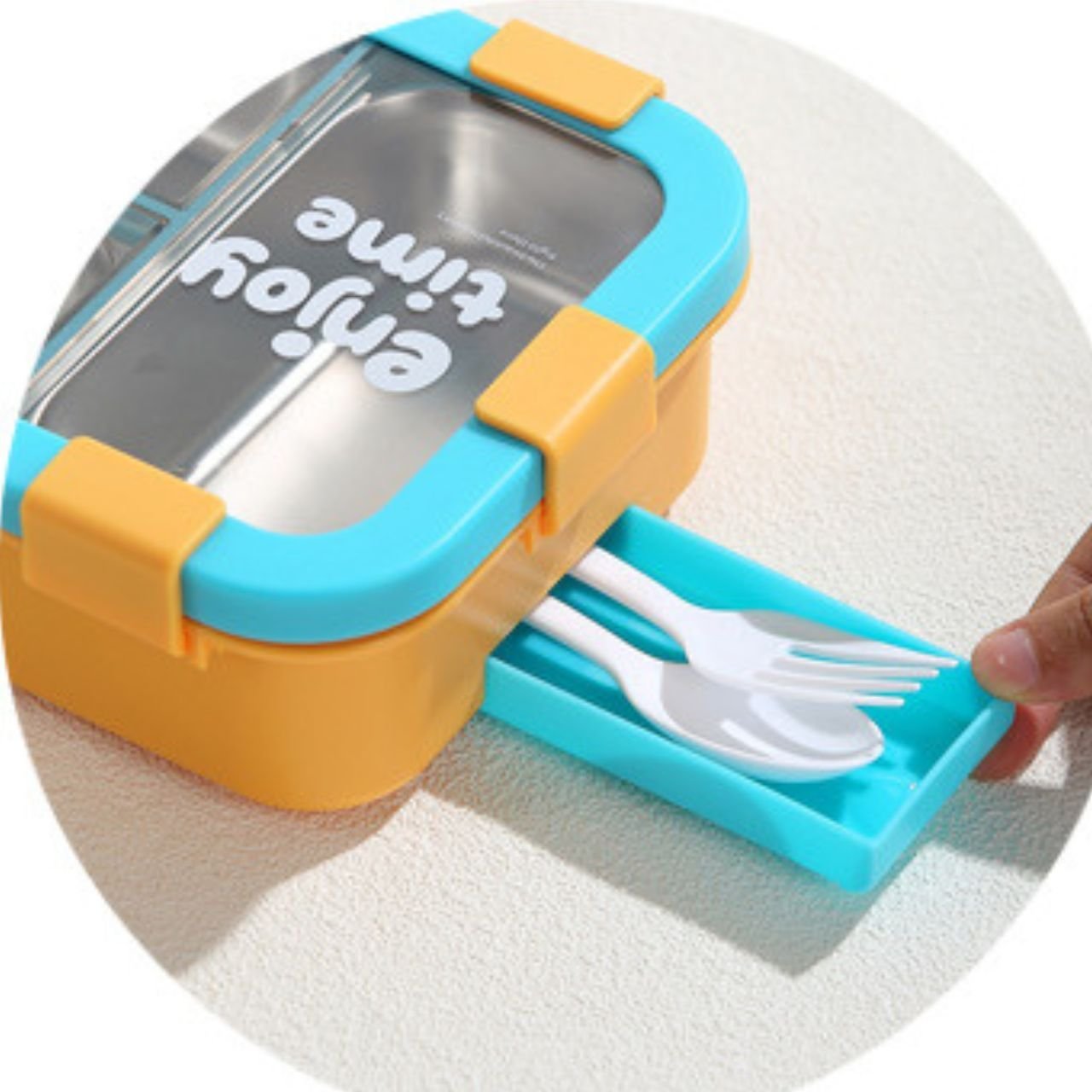 Stainless Steel Lunch Box with Cutlery | 2+Round Compartment | Portable & Leakproof | Insulated | 650 ML | Assorted Colors | Box Packing - Image 6