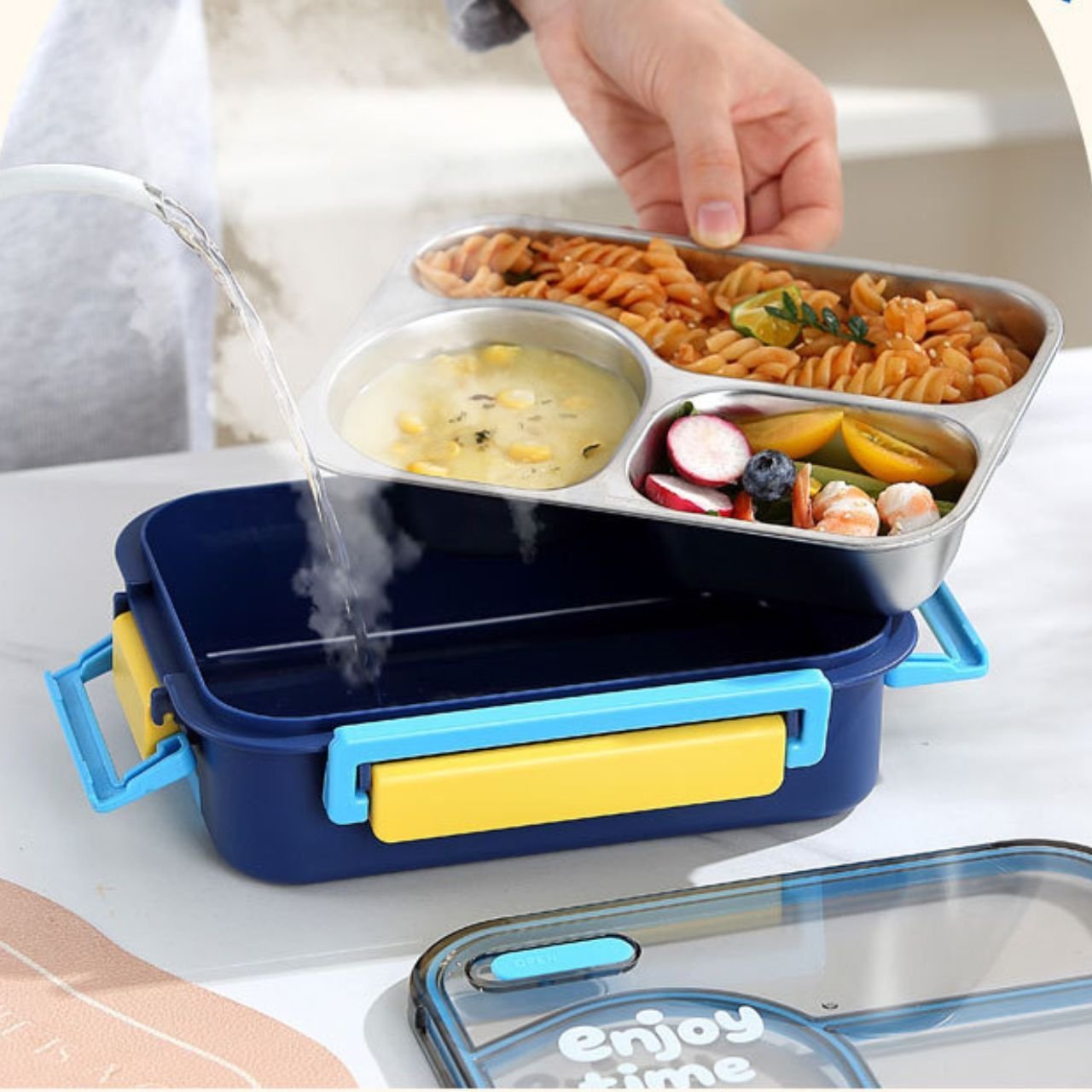 Stainless Steel Lunch Box with Cutlery | 2+Round Compartment | Portable & Leakproof | Insulated | 650 ML | Assorted Colors | Box Packing - Image 5