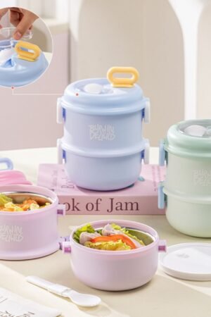 Stainless Steel Lunch Box with Foldable Spoon | 2 layer | Double wall Insulations | Portable & Leakproof | 1360 ML | Assorted Colors | Box Packing