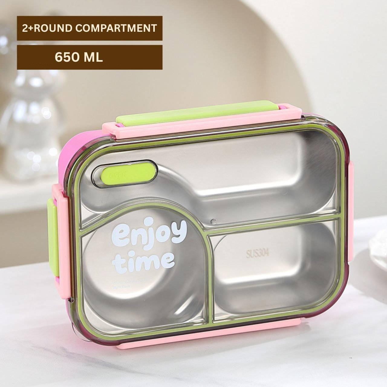 Stainless Steel Lunch Box with Cutlery | 2+Round Compartment | Portable & Leakproof | Insulated | 650 ML | Assorted Colors | Box Packing - Image 2