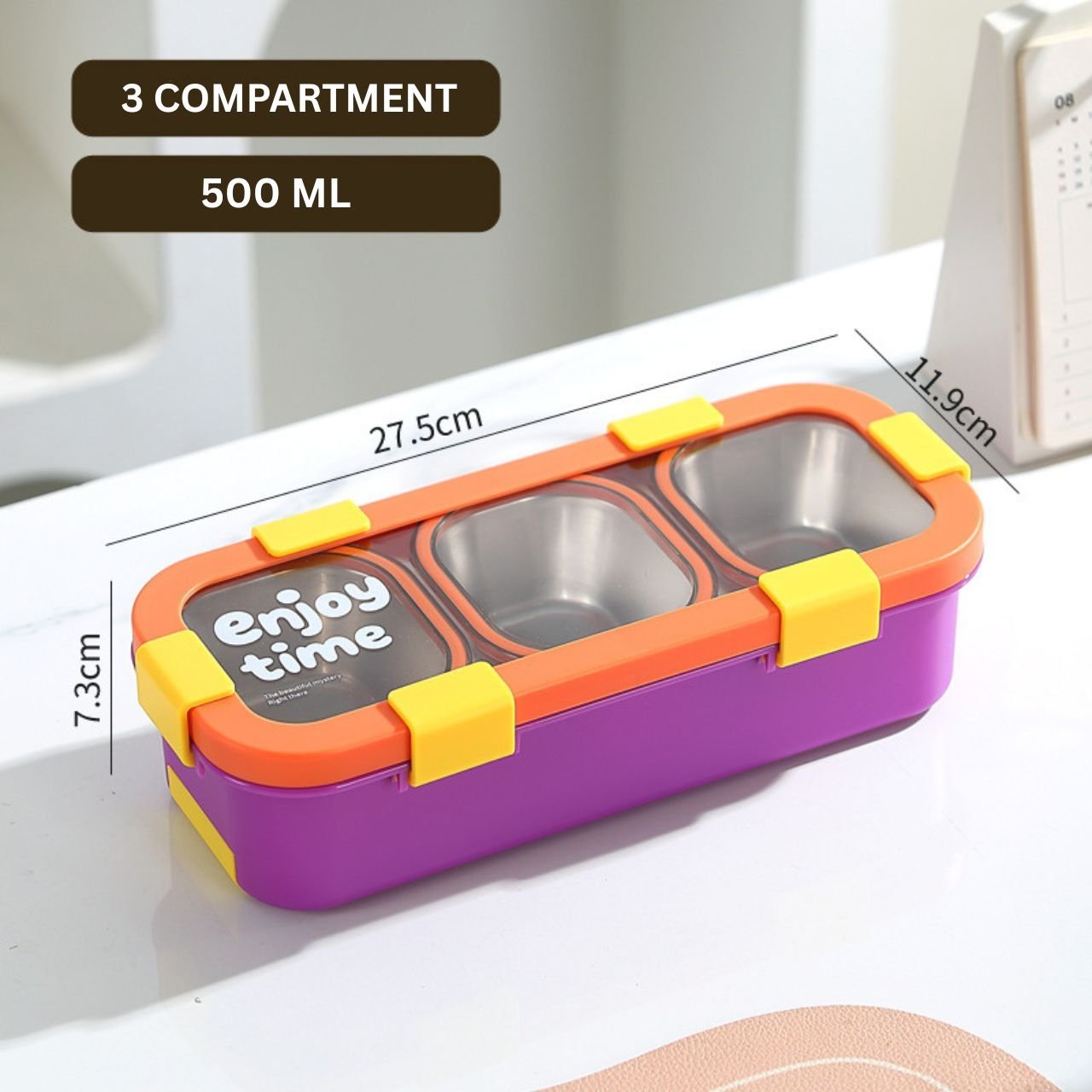 Stainless Steel Bento Lunch Box with Cutlery | 3 Compartment | Portable & Leakproof | Insulated | 500 ML | Assorted Colors | Box Packing - Image 2