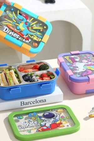 Stainless Steel Cartoon Printed Lunch Box with Cutlery | Portable & Leakproof | Insulated | 3 Compartment | 700 ML | Assorted Prints | Box Packing