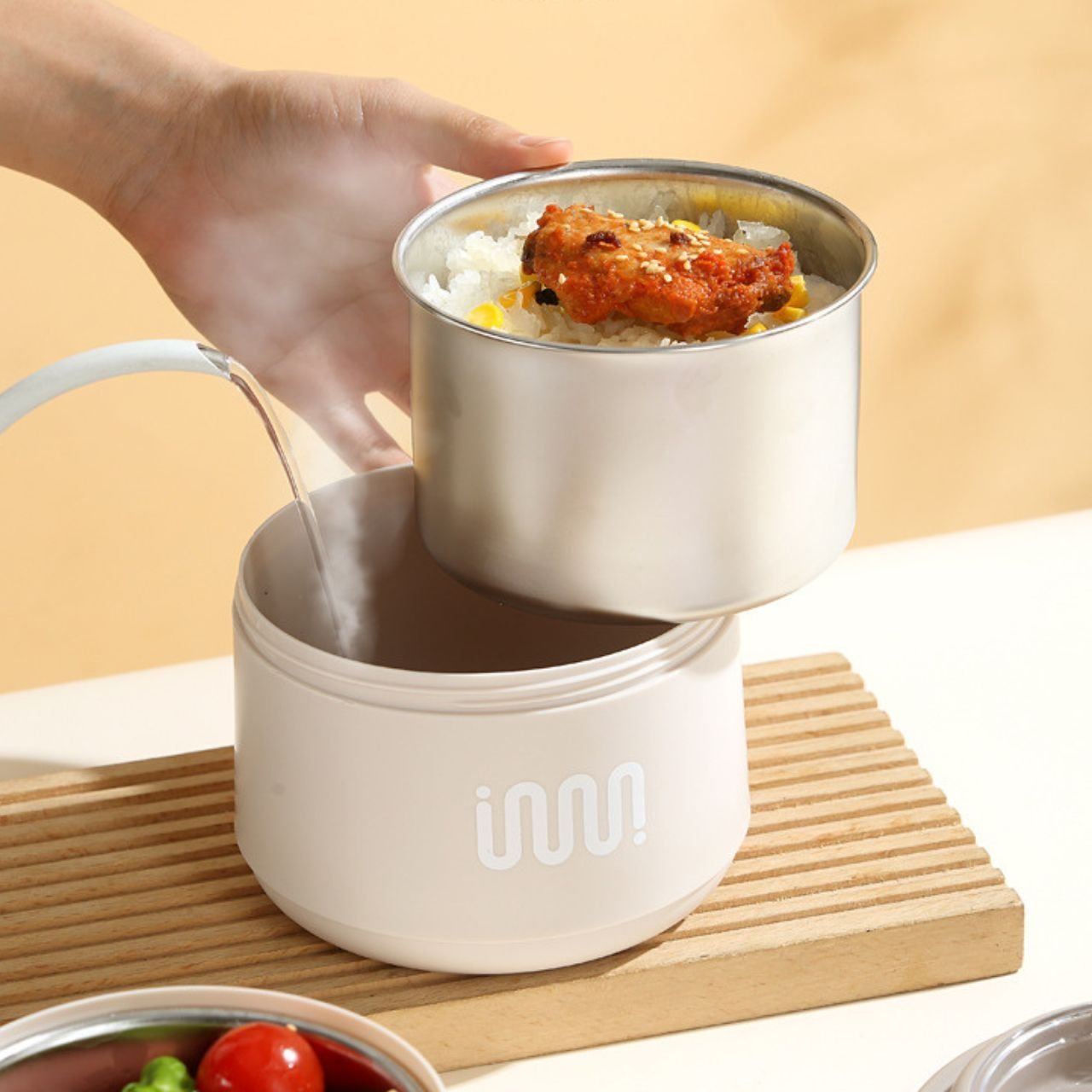 Stainless Steel Lunch Box with Foldable Spoon & Handle | 2 Layer | Double Wall Insulation | Round Portable | Leakproof | 1620 ML | Assorted Colors | Box Packing - Image 5