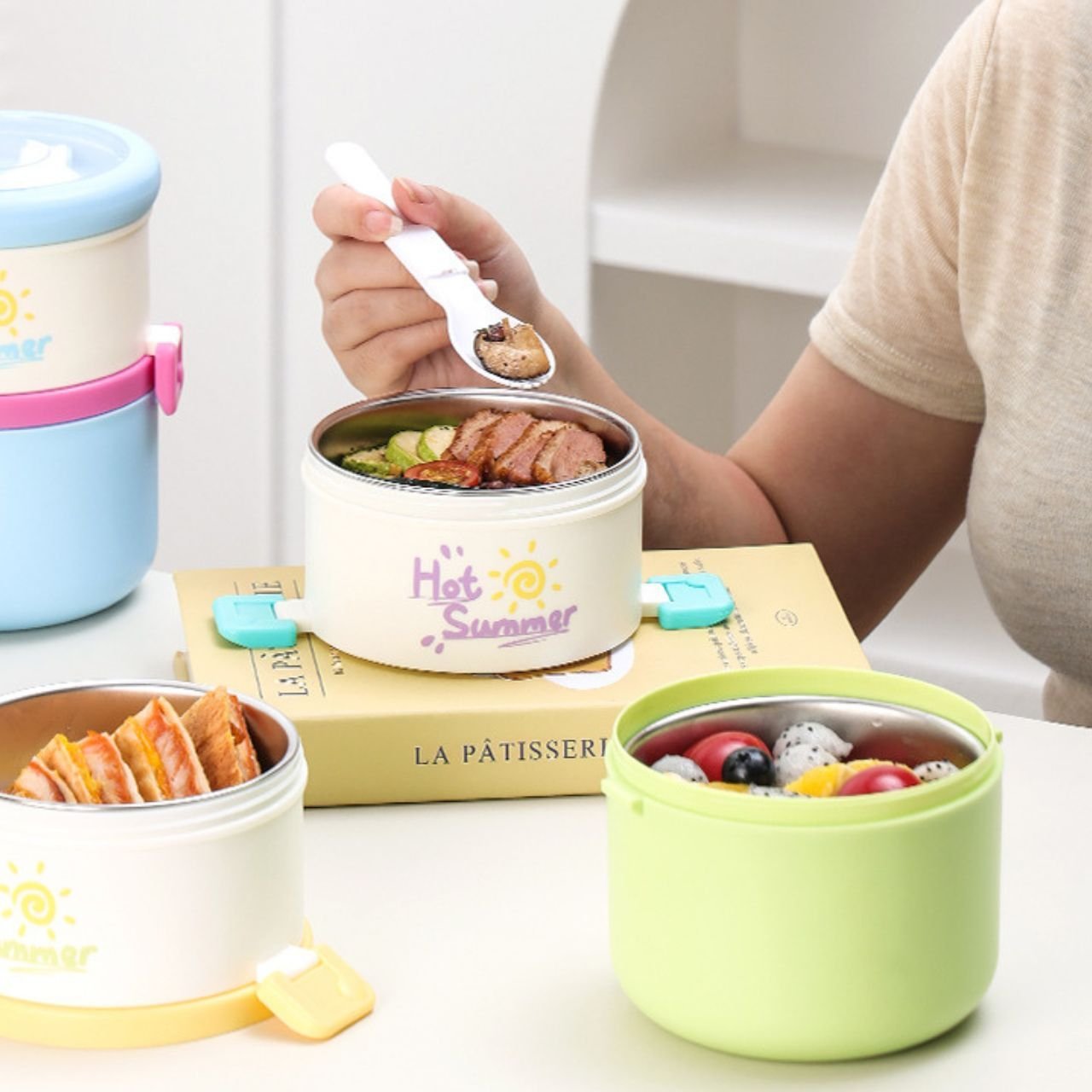 Stainless Steel Lunch Box with Foldable Spoon | 2 Layer | Double Wall Insulation | Leakproof | Portable & Secure Lock | 1280 ML | Assorted Colors | Box Packing - Image 4
