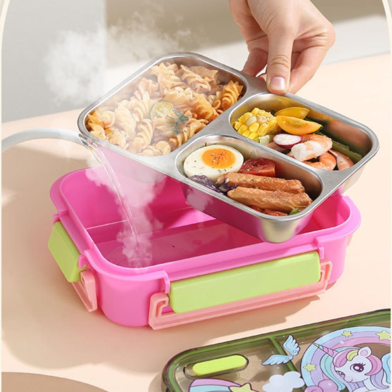 Stainless Steel Lunch Box with Cutlery Set | Cartoon Printed | Portable & Leakproof | Insulated | 3 Compartment | 700 ML | Assorted Prints | Box Packing - Image 3