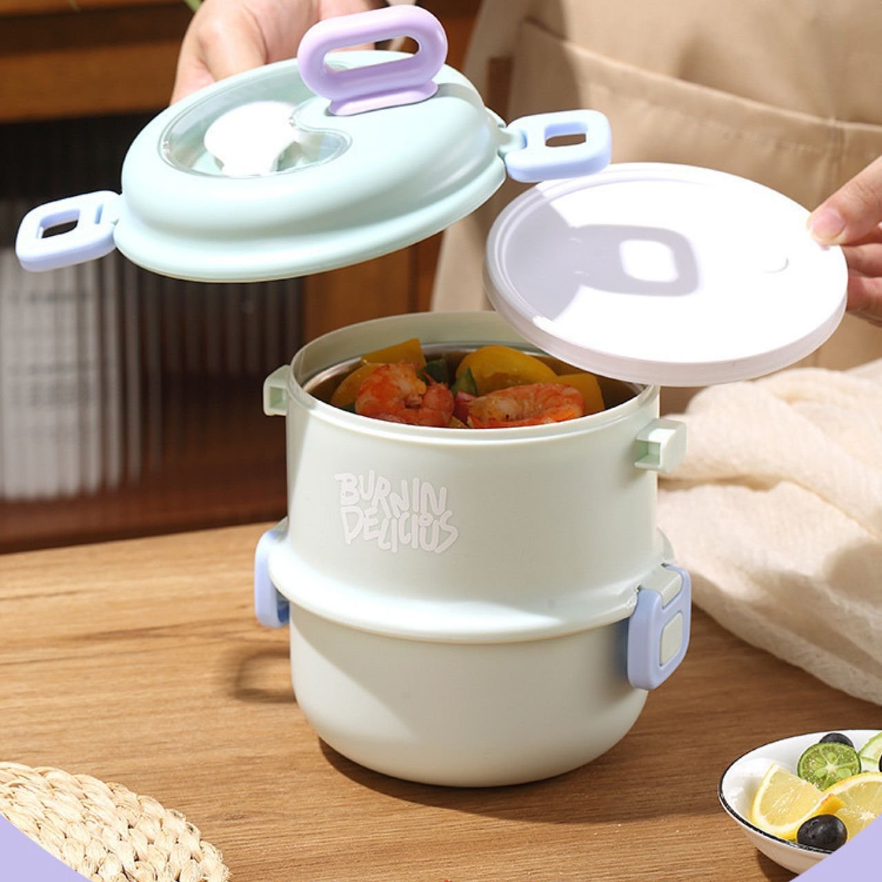 Stainless Steel Lunch Box with Foldable Spoon | 2 layer | Double wall Insulations | Portable & Leakproof | 1360 ML | Assorted Colors | Box Packing - Image 7