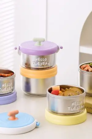 Stainless Steel Lunch Box with Foldable Spoon | Two Layer | Double wall Insulation | Portable & Leakproof | 1280 ML | Assorted Colors | Box Packing