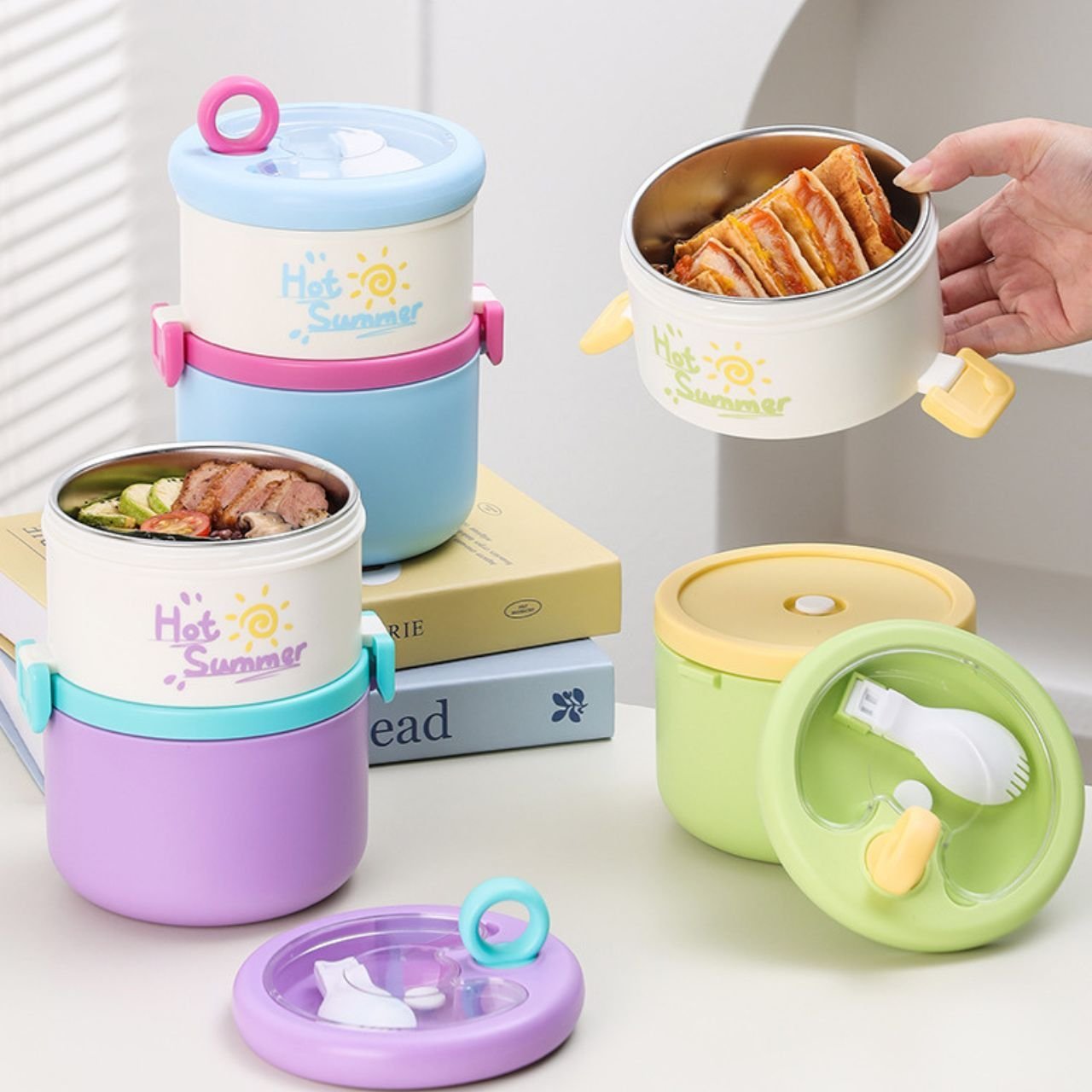Stainless Steel Lunch Box with Foldable Spoon | 2 Layer | Double Wall Insulation | Leakproof | Portable & Secure Lock | 1280 ML | Assorted Colors | Box Packing - Image 6